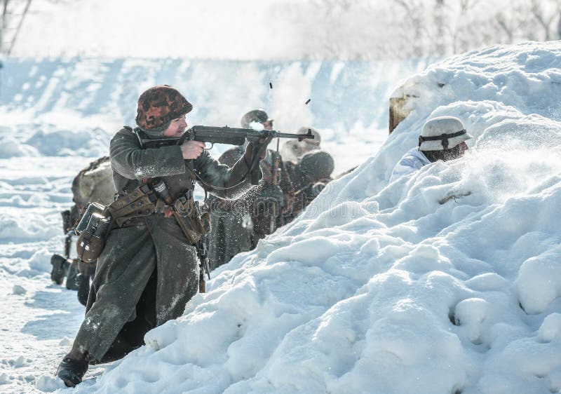 Russian Federation, Pskov district, Velikie Luki - 23 February 2018: military historical reenactment Â«Feat of Alexander MatrosovÂ»