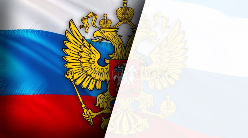 Russian flag with Coat of arms of Russia. Kremlin presidential