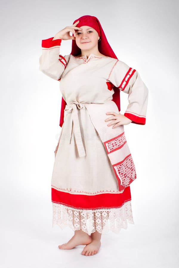 Russian funny woman posing in national clothes