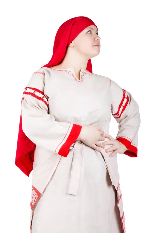 Russian funny woman posing in national clothes