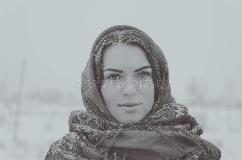 Beautiful Russian Girl In The Winter Woods Near A Christmas Tree Stock