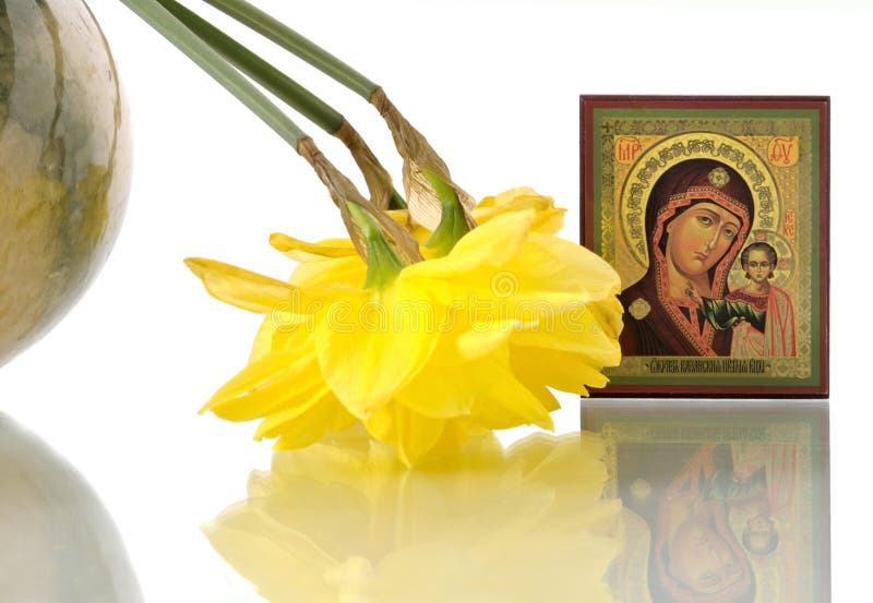 Russian icon of Virgin Mary and daffodils in round