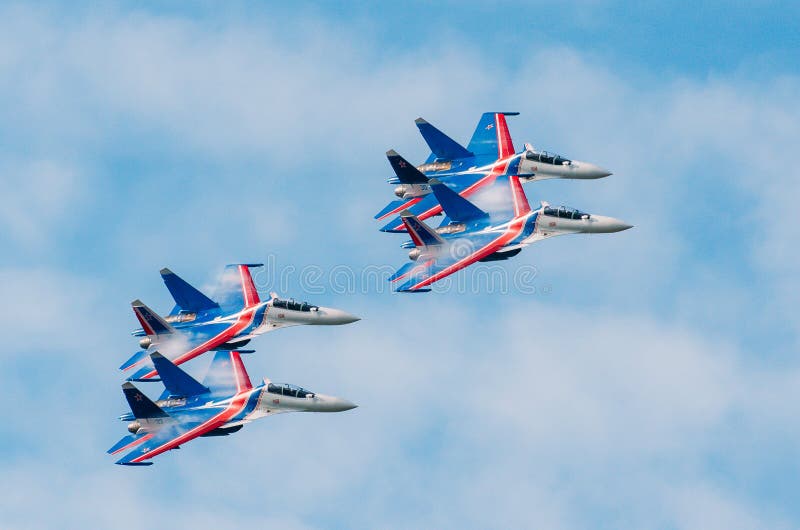 Russian Knights demonstration flights. Russia, Moscow, airport Zhukovsky. July 22, 2017. stock photo Russian Knights demonstration flights. Russia, Moscow, airport Zhukovsky. July 22, 2017. stock photo
