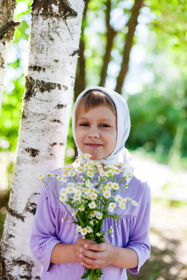 Russian Little Girl Near Birch Stock Image - Image of hair, green ...