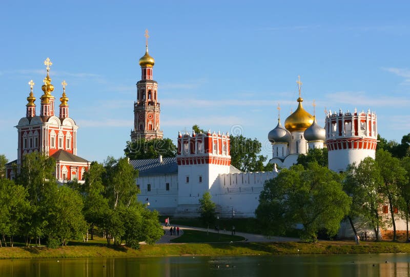 Russian monastery at a lake royalty free stock photo