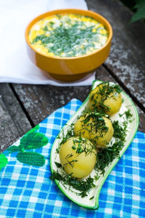 Russian National Dish Boiled Potatoes and Okroshka Stock Photo