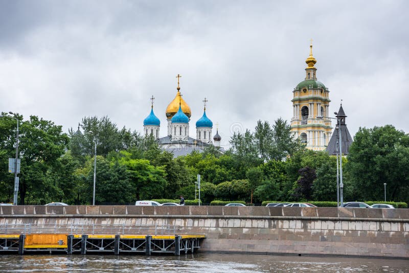 Russian orthodox Church at the riverbank of the Moskva River, Moscow, Russia. View form a cruise ship on the river. royalty free stock photography Russian orthodox Church at the riverbank of the Moskva River, Moscow, Russia. View form a cruise ship on the river. royalty free stock photography