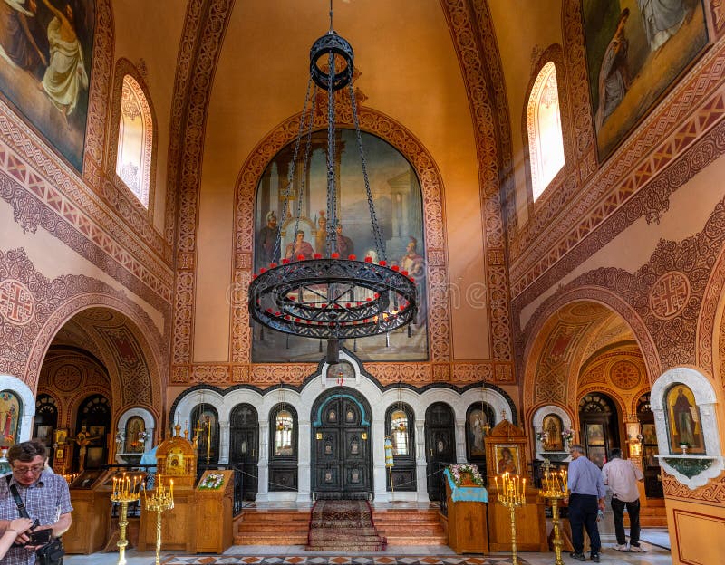 Russian orthodox church of St. Mary Magdalene on Mount of Olives in Kidron valley opposite walls of Old City of Jerusalem, Israel