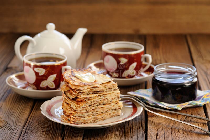 Russian Pancakes in Heap with Jam and Black Tea Stock Image Image of