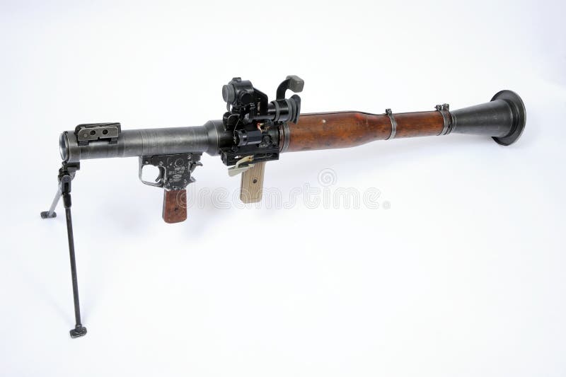 A Russian RPG 7 rocket launcher with bipod mount and long range optical sight. royalty free stock photography A Russian RPG 7 rocket launcher with bipod mount and long range optical sight. royalty free stock photography