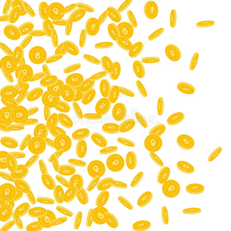 Russian ruble coins falling. Scattered small RUB c stock illustration Russian ruble coins falling. Scattered small RUB c stock illustration
