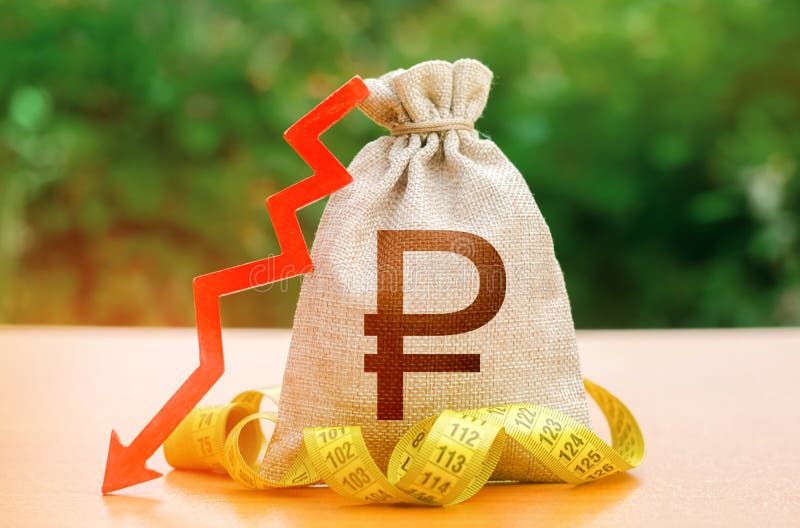 Russian Ruble Money Bag with Down Arrow and Measure Tape. Reduced Wages