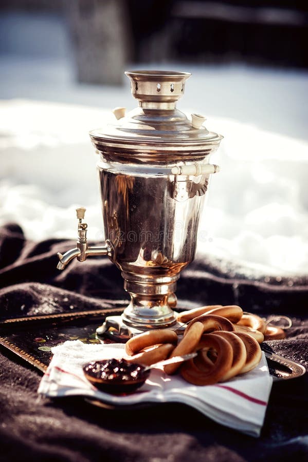 Russian Samovar Bagels Jam Tea Party Outdoors Stock Photos Free