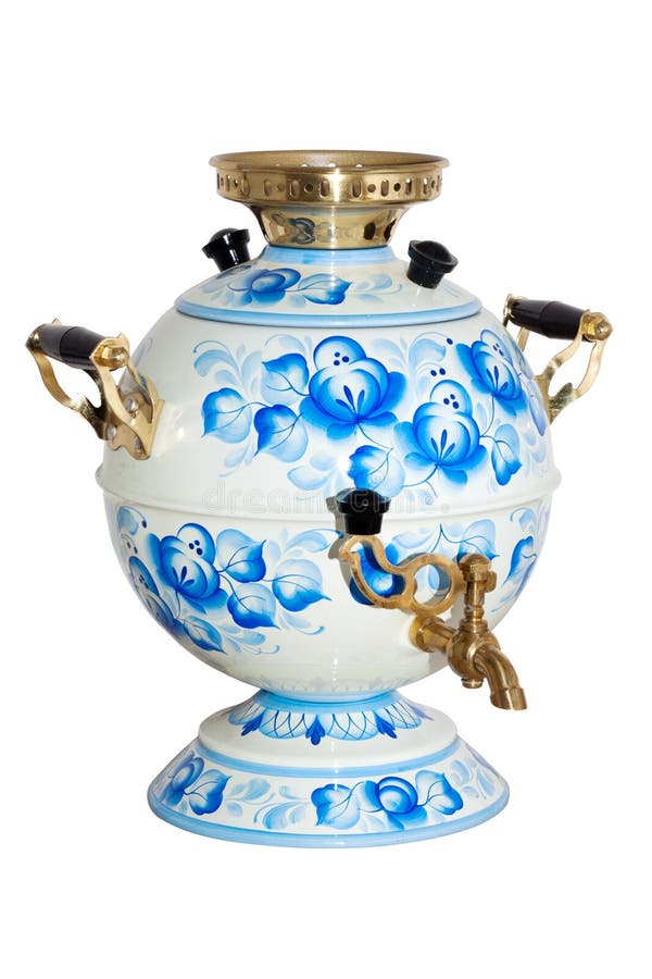 Russian samovar painted under Gzhel stock photos
