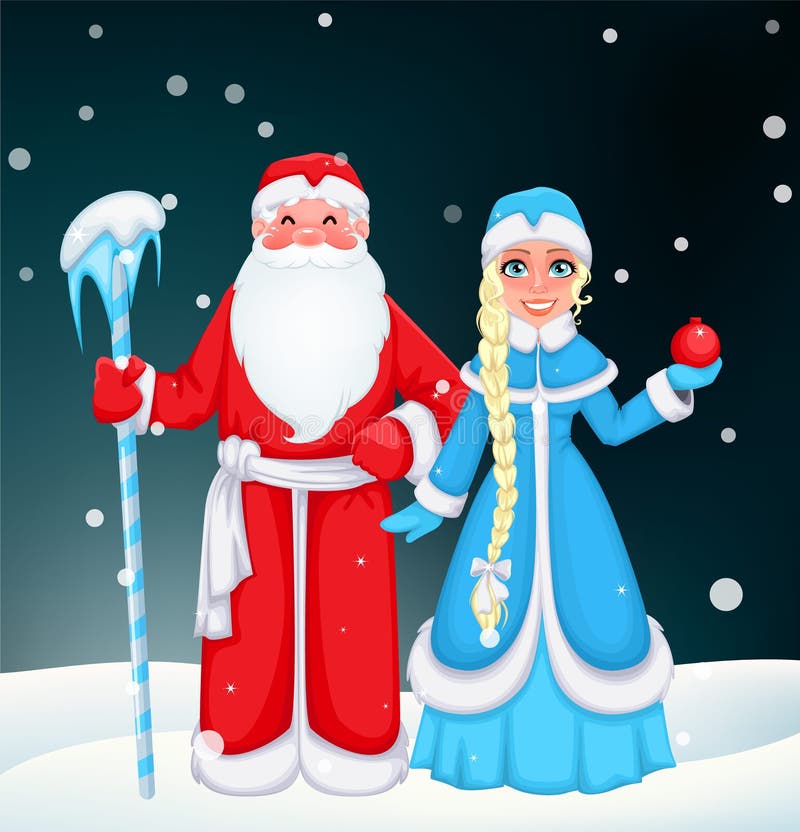 Russian Santa Claus also known as `Ded Moroz` Father Frost and his granddaughter Snegurochka Snow Maiden. Cheerful cartoon characters. Vector illustration. Russian Santa Claus also known as `Ded Moroz` Father Frost and his granddaughter Snegurochka Snow Maiden. Cheerful cartoon characters. Vector illustration