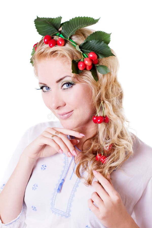 Russian sensual woman with wreath from cherry and leaves stock image Russian sensual woman with wreath from cherry and leaves stock image