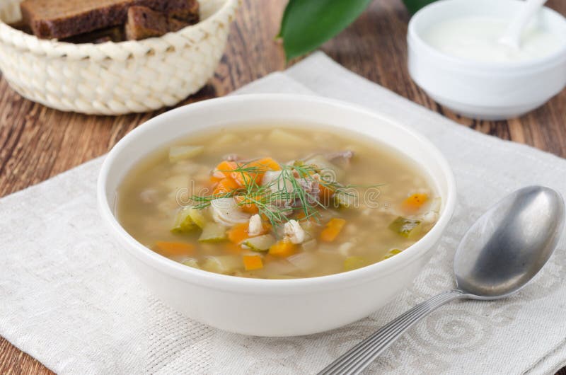 Russian soup rassolnik with chicken gizzards and barley
