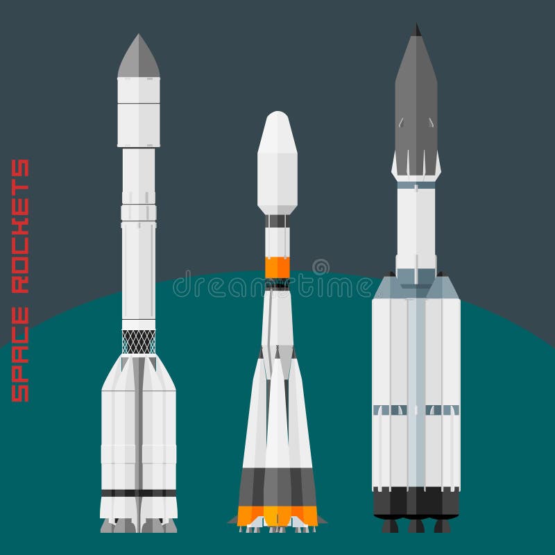 Russian space rockets set. Cargo rocket Proton, universal new Soyuz 2-3 and Angara 5A