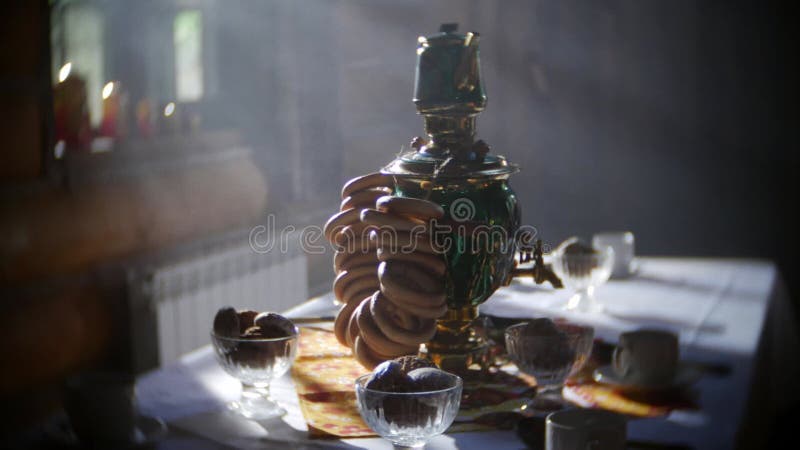 Russian traditions of tea drinking. Russian samovar on the table. still life. tea drinking at the table