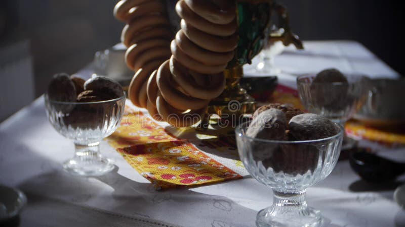 Russian traditions of tea drinking. Russian samovar on the table. still life. tea drinking at the table