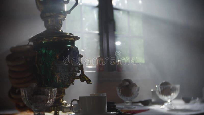 Russian traditions of tea drinking. Russian samovar on the table. still life. tea drinking at the table