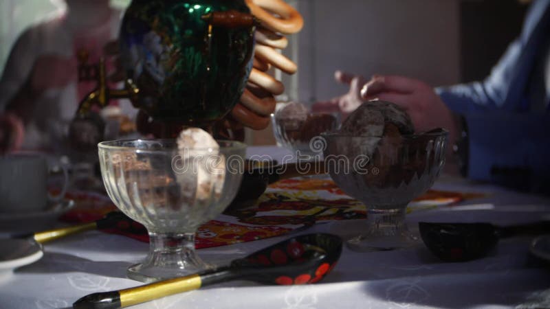 Russian traditions of tea drinking. Russian samovar on the table. still life. tea drinking at the table