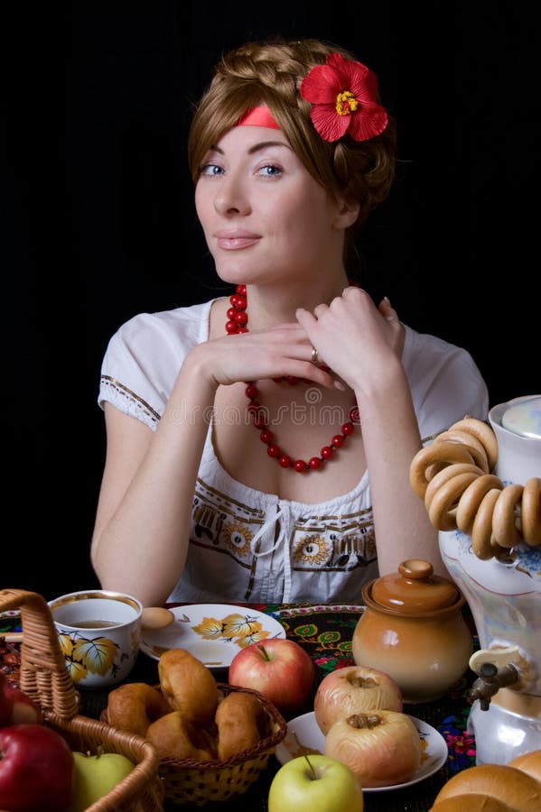 Russian Woman Drinking Tea with Samovar Stock Image Image of ornate