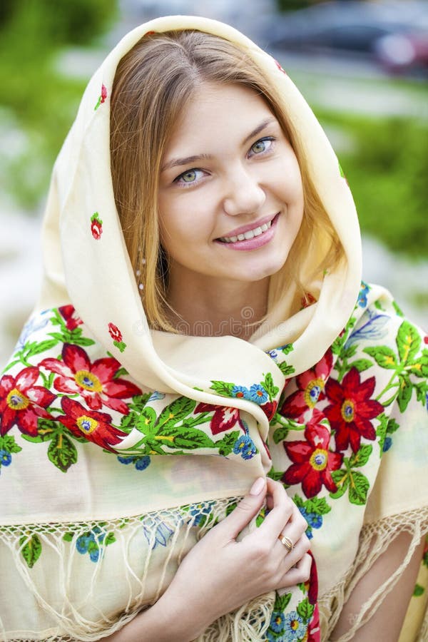 Russian Woman In The National Patterned Scarf Stock Image Image Of Patterns Appearance 72938855