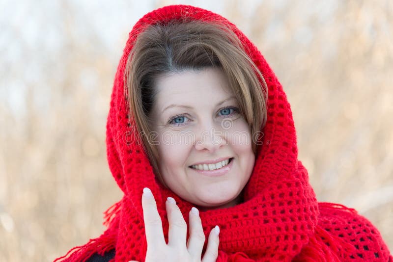 Russian Woman with Red Knitted Shawl on Her Head Stock Photo - Image of ...