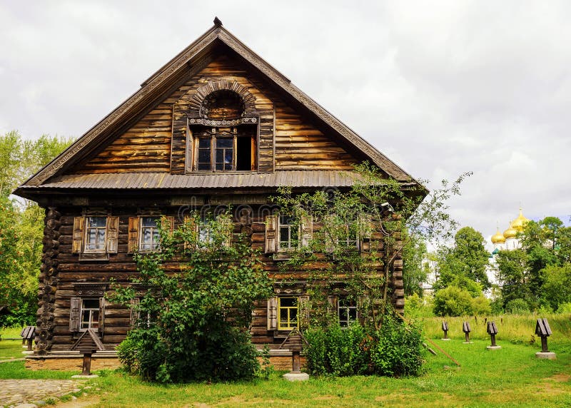 Russian wooden house in the museum of wooden architecture in Kostroma, Russia