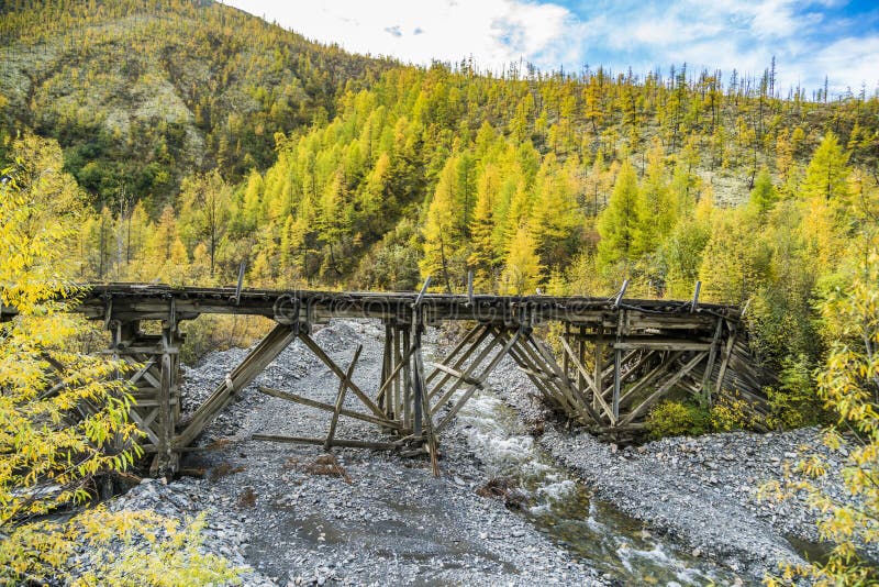 Russie Nature de l'Extr?me Orient : Pont en bois sur le chemin forestier photographie stock Russie Nature de l'Extr?me Orient : Pont en bois sur le chemin forestier photographie stock