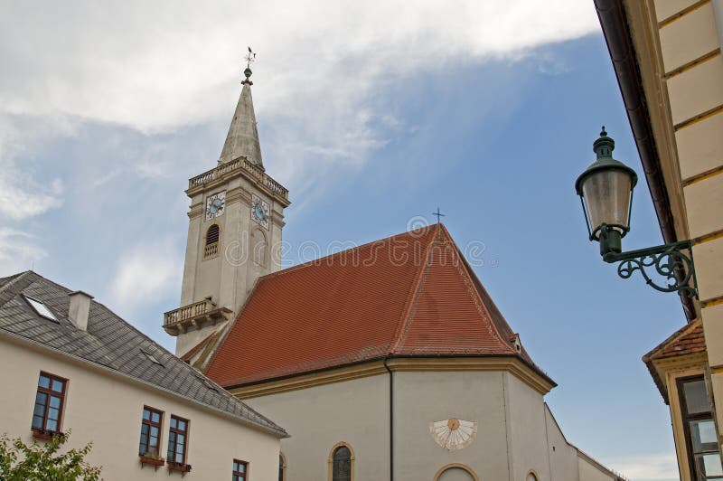 Church tower in Rust, Burgenland, Austria by Neusiedler Lake. Church tower in Rust, Burgenland, Austria by Neusiedler Lake