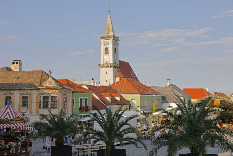 Rust, Burgenland Austria, main square and church. Rust is a very little town at a lake, the Neusiedlersee.