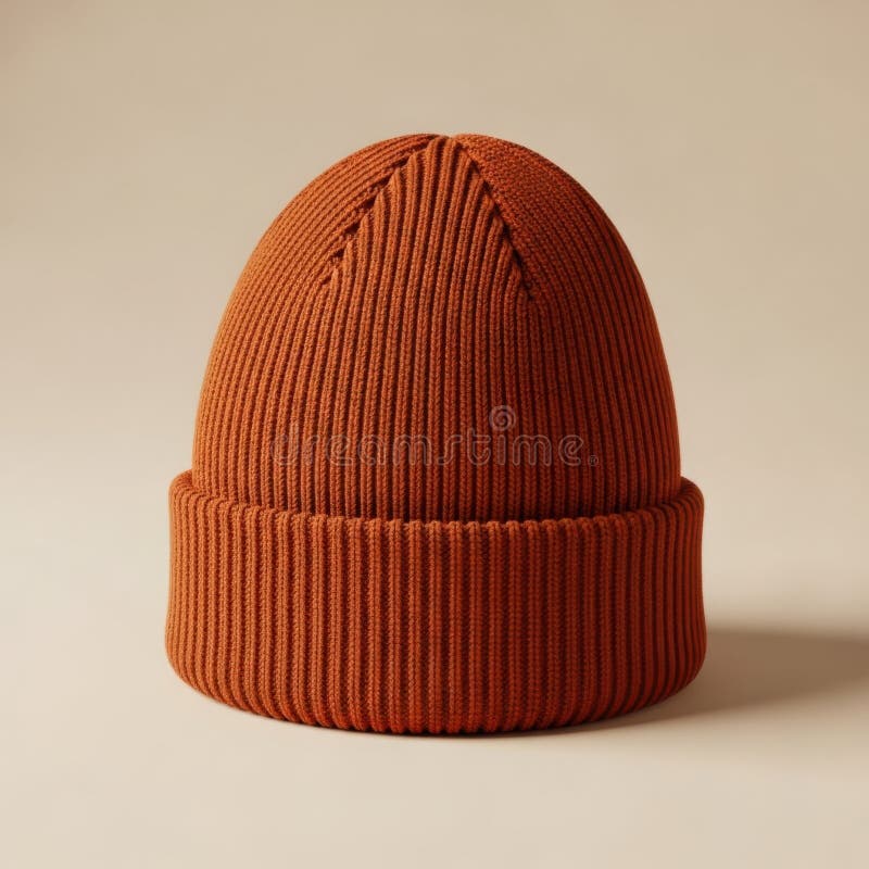 Rust colored knitted beanie on a neutral background vector illustration