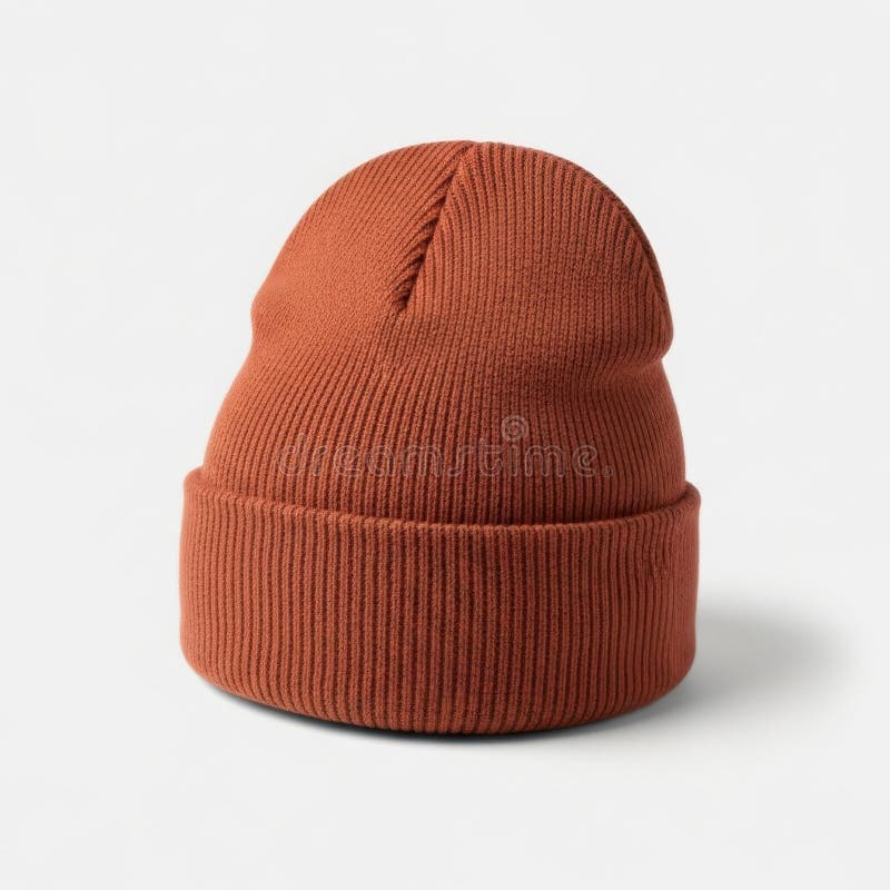 Rust colored knitted beanie on a plain background stock illustration