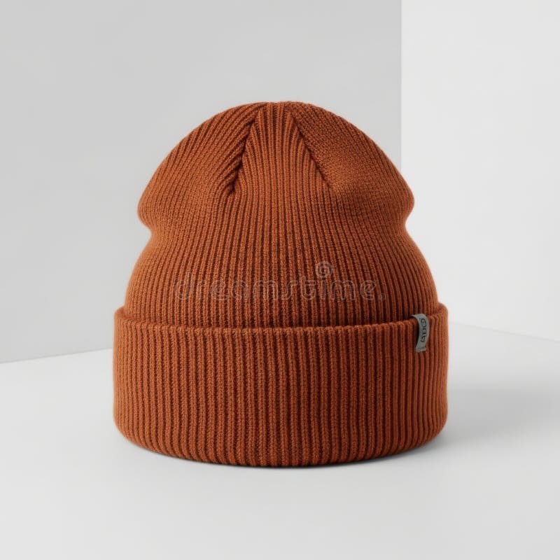 Rust colored knitted beanie on a white background stock illustration