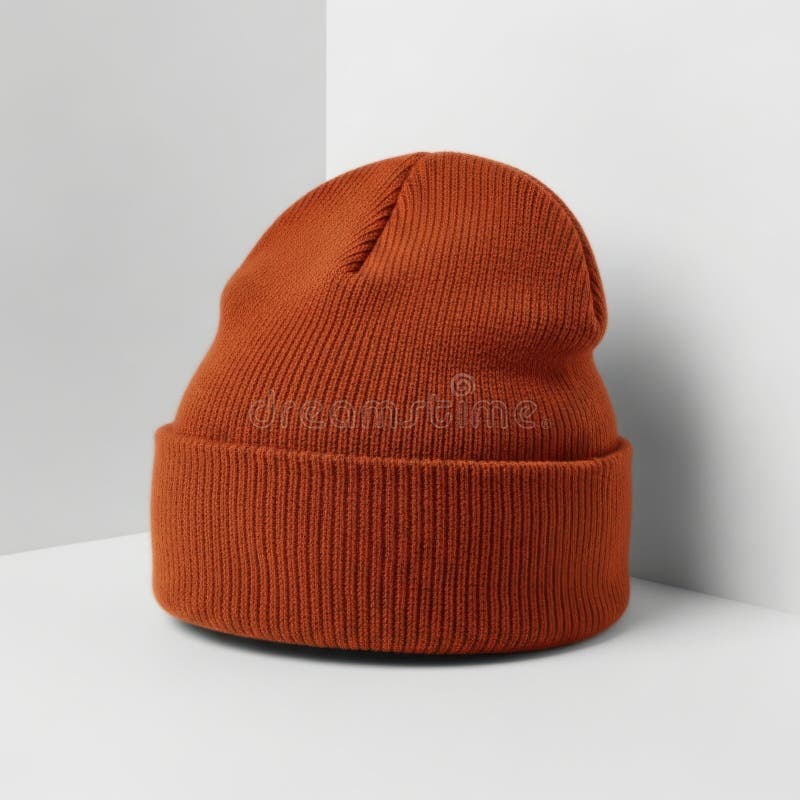Rust colored knitted beanie on a white surface royalty free illustration