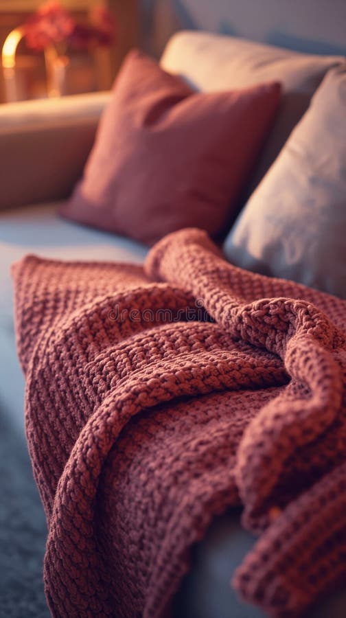A rust-colored knitted blanket drapes over a soft couch with pillows. vector illustration