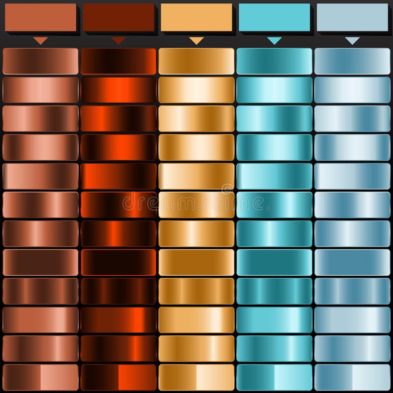 Gradient color palette featuring five columns of rectangular swatches. The colors range from rust, dark brown, light orange, light cyan, to light blue, each presented in a gradient effect. The swatches display a glossy, metallic texture, aligned in rows, showcasing transitions between light and dark shades. The design emphasizes a luxury aesthetic, ideal for use in design projects requiring sophisticated color transitions. Rectangles are uniformly shaped and neatly organized, giving a structured and professional appearance. Rust shades vectors