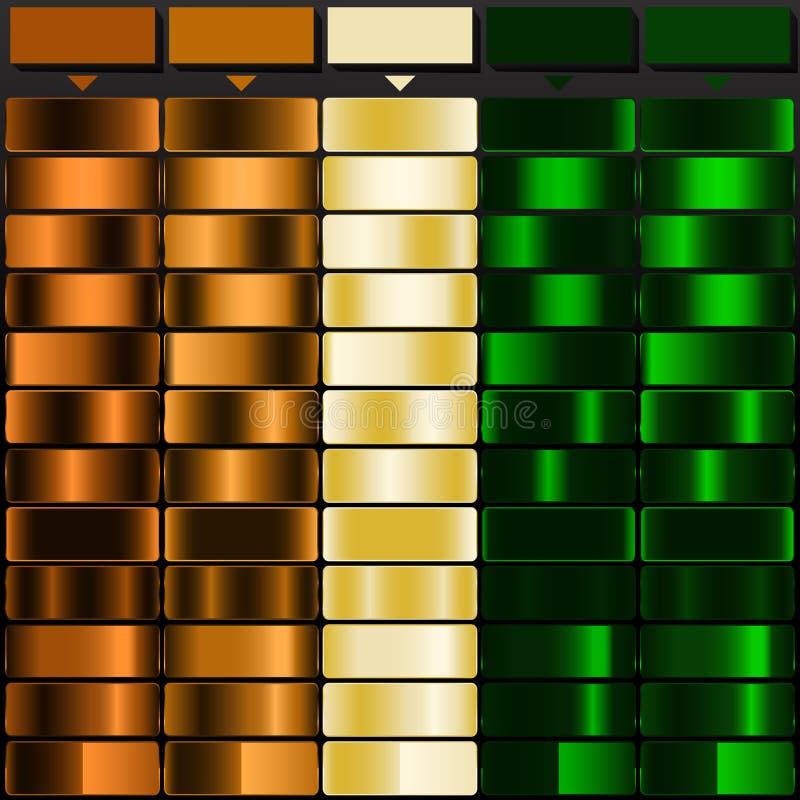 Gradient color palette featuring four columns of solid colors. From left to right: rust, ochre, pale yellow, and various shades of green, including dark green and forest green. Each column consists of several rectangular blocks, showcasing color variations with a shiny, metallic finish. This palette is part of a luxury gradient color collection, providing a sophisticated selection for design and creative projects. Rust shades vectors