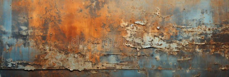 Rust texture background, old iron sheet with worn paint, panoramic banner of rusty metal plate. Vintage oxidized steel surface.