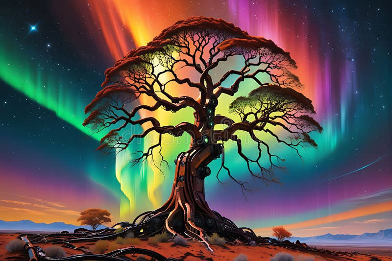 This image has been crafted by Generative AI. Witness the mesmerizing sight of a rust-tinged robotic tree as its metallic branches reach out against a sky painted with technicolor auroras. The intricate intertwining of roots adds a touch of artificial nature to the cosmic landscape, creating a captivating fusion of technology and celestial beauty. This image has been crafted by Generative AI. Witness the mesmerizing sight of a rust-tinged robotic tree as its metallic branches reach out against a sky painted with technicolor auroras. The intricate intertwining of roots adds a touch of artificial nature to the cosmic landscape, creating a captivating fusion of technology and celestial beauty