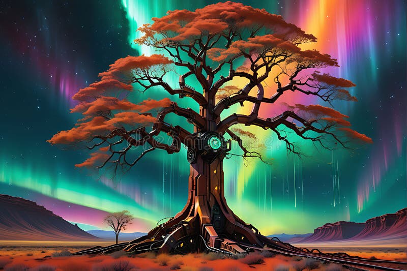 This image has been crafted by Generative AI. Witness the mesmerizing sight of a rust-tinged robotic tree as its metallic branches reach out against a sky painted with technicolor auroras. The intricate intertwining of roots adds a touch of artificial nature to the cosmic landscape, creating a captivating fusion of technology and celestial beauty. This image has been crafted by Generative AI. Witness the mesmerizing sight of a rust-tinged robotic tree as its metallic branches reach out against a sky painted with technicolor auroras. The intricate intertwining of roots adds a touch of artificial nature to the cosmic landscape, creating a captivating fusion of technology and celestial beauty