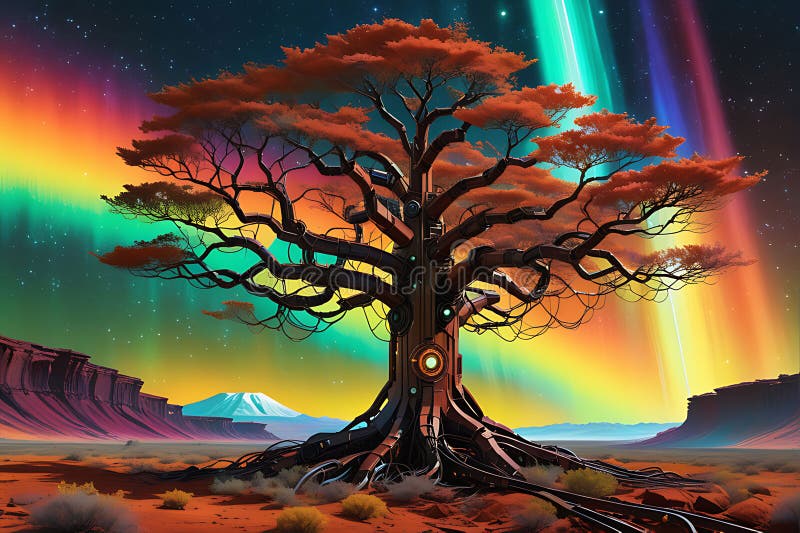 This image has been crafted by Generative AI. Witness the mesmerizing sight of a rust-tinged robotic tree as its metallic branches reach out against a sky painted with technicolor auroras. The intricate intertwining of roots adds a touch of artificial nature to the cosmic landscape, creating a captivating fusion of technology and celestial beauty. This image has been crafted by Generative AI. Witness the mesmerizing sight of a rust-tinged robotic tree as its metallic branches reach out against a sky painted with technicolor auroras. The intricate intertwining of roots adds a touch of artificial nature to the cosmic landscape, creating a captivating fusion of technology and celestial beauty