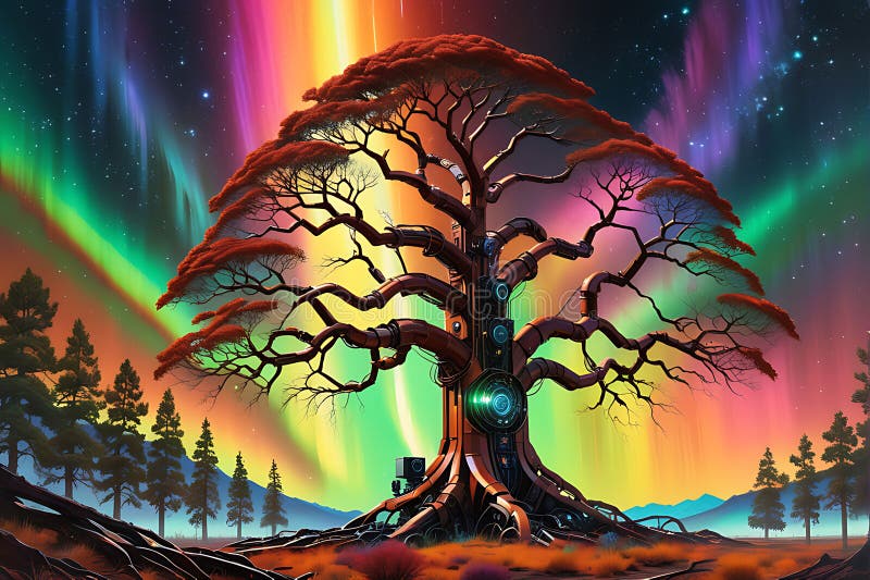 This image has been crafted by Generative AI. Witness the mesmerizing sight of a rust-tinged robotic tree as its metallic branches reach out against a sky painted with technicolor auroras. The intricate intertwining of roots adds a touch of artificial nature to the cosmic landscape, creating a captivating fusion of technology and celestial beauty. This image has been crafted by Generative AI. Witness the mesmerizing sight of a rust-tinged robotic tree as its metallic branches reach out against a sky painted with technicolor auroras. The intricate intertwining of roots adds a touch of artificial nature to the cosmic landscape, creating a captivating fusion of technology and celestial beauty