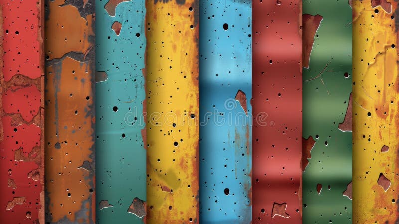 Rusted metal texture with holes, cartoon illustration of rust, red, yellow, blue, green, and turquoise paints on rough metallic surface.. AI generated. Rusted metal texture with holes, cartoon illustration of rust, red, yellow, blue, green, and turquoise paints on rough metallic surface.. AI generated