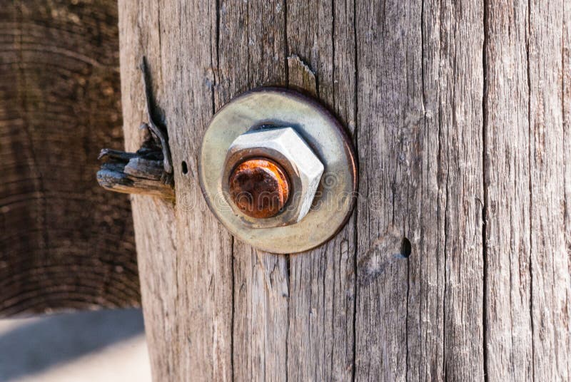Rusted Metal with Nut in Wood Post. Stock Image Image of detail
