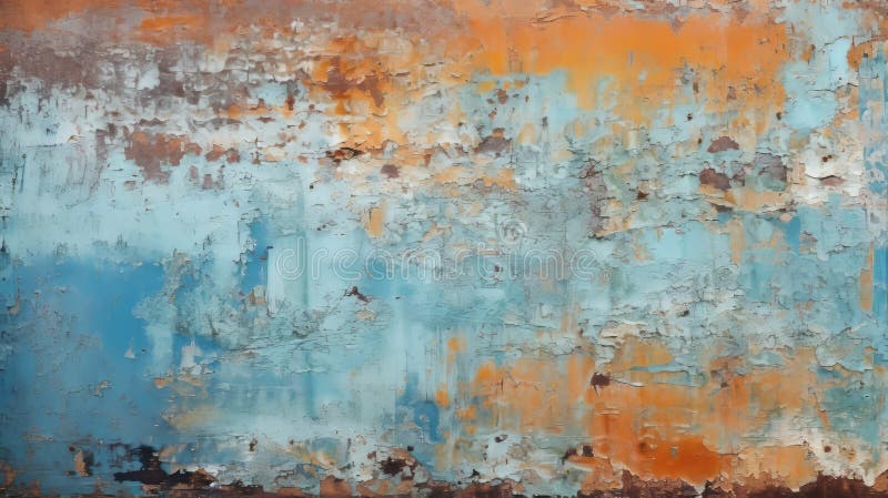 Photo of a rusted metal surface with blue and orange paint stock illustration