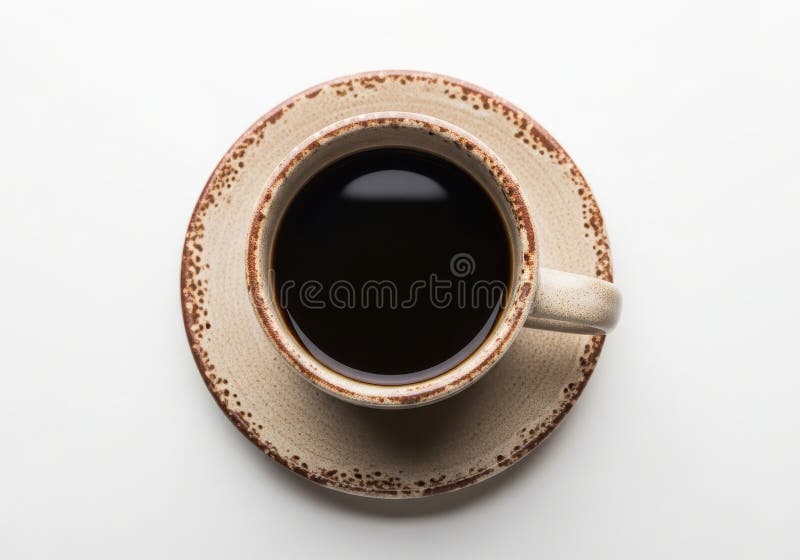 Μια rustic κεραμική κούπα γεμάτη με σκούρο καφέ βρίσκεται πάνω σε ένα ταίριασμα πιατάκι διανυσματική απεικόνιση
