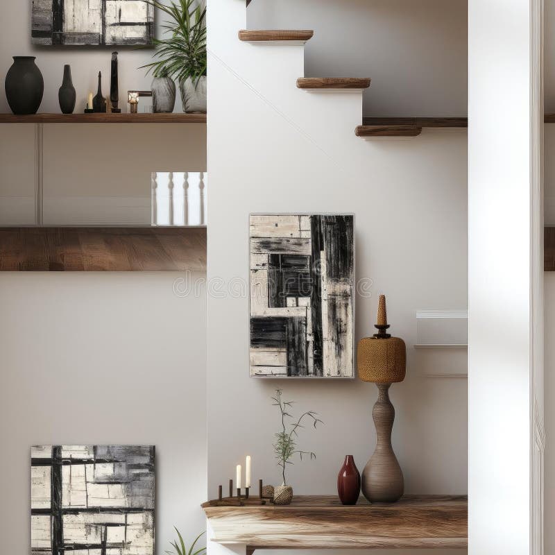 Rustic abstraction wall art over a staircase in a simple living room (tiled) vector illustration